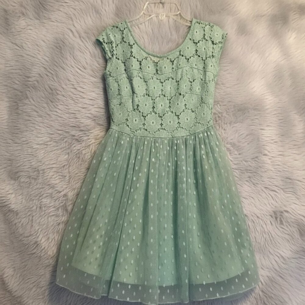 MyMichelle Polka Dot Lace Fit & Flare Skater Dress Sea Foam Green Size 1
